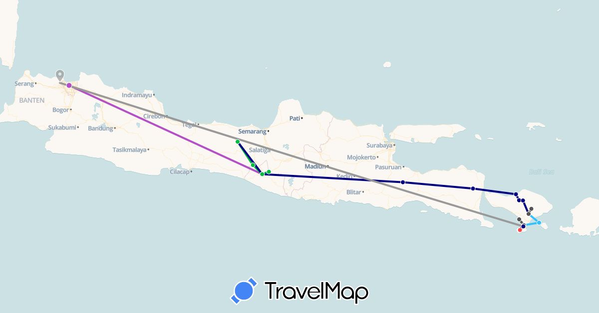TravelMap itinerary: driving, bus, plane, train, hiking, boat, motorbike in Indonesia (Asia)
