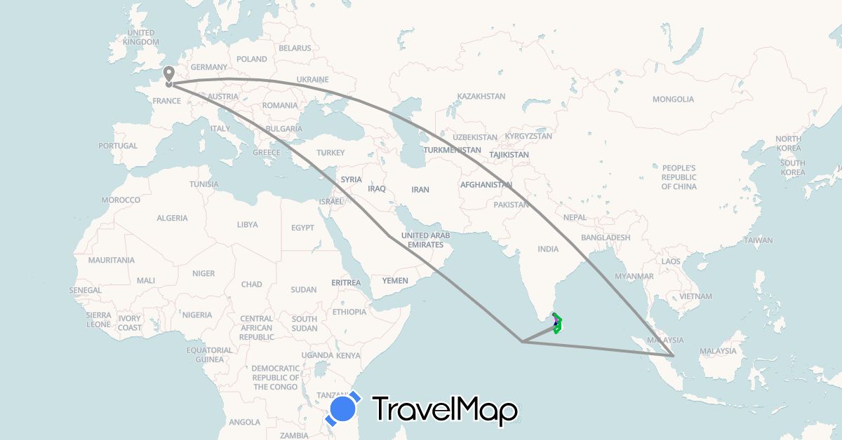 TravelMap itinerary: driving, bus, plane, train, hiking, boat, motorbike in France, Sri Lanka, Maldives, Saudi Arabia, Singapore (Asia, Europe)