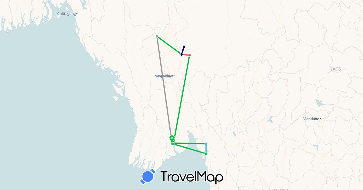 TravelMap itinerary: driving, bus, plane, hiking, boat in Myanmar (Burma) (Asia)